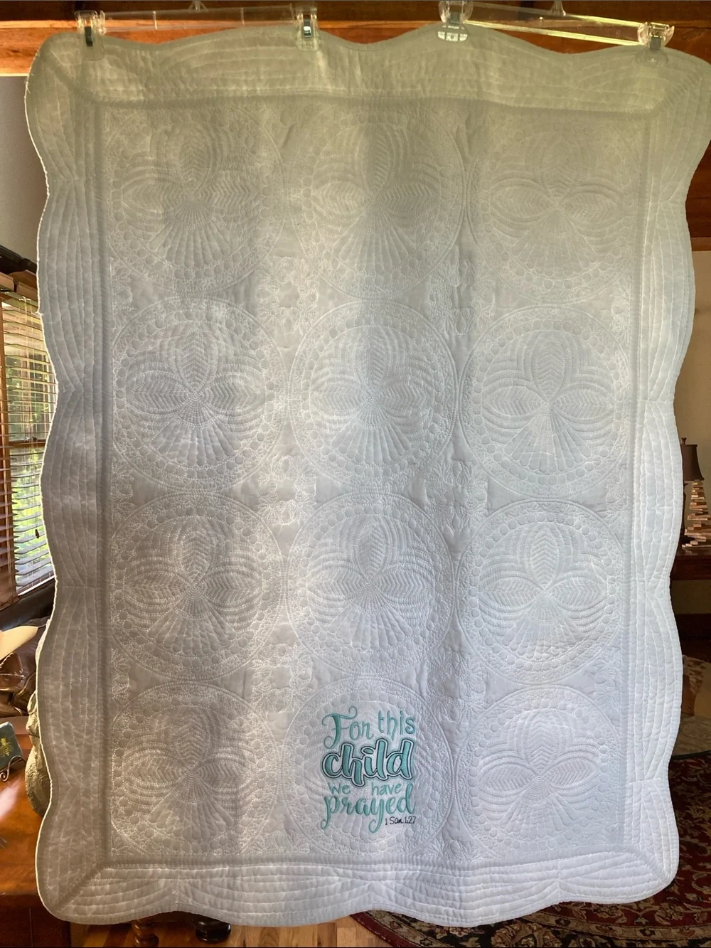 White green baby quilt For This Child We Have Prayed 1 Samuel 1:27